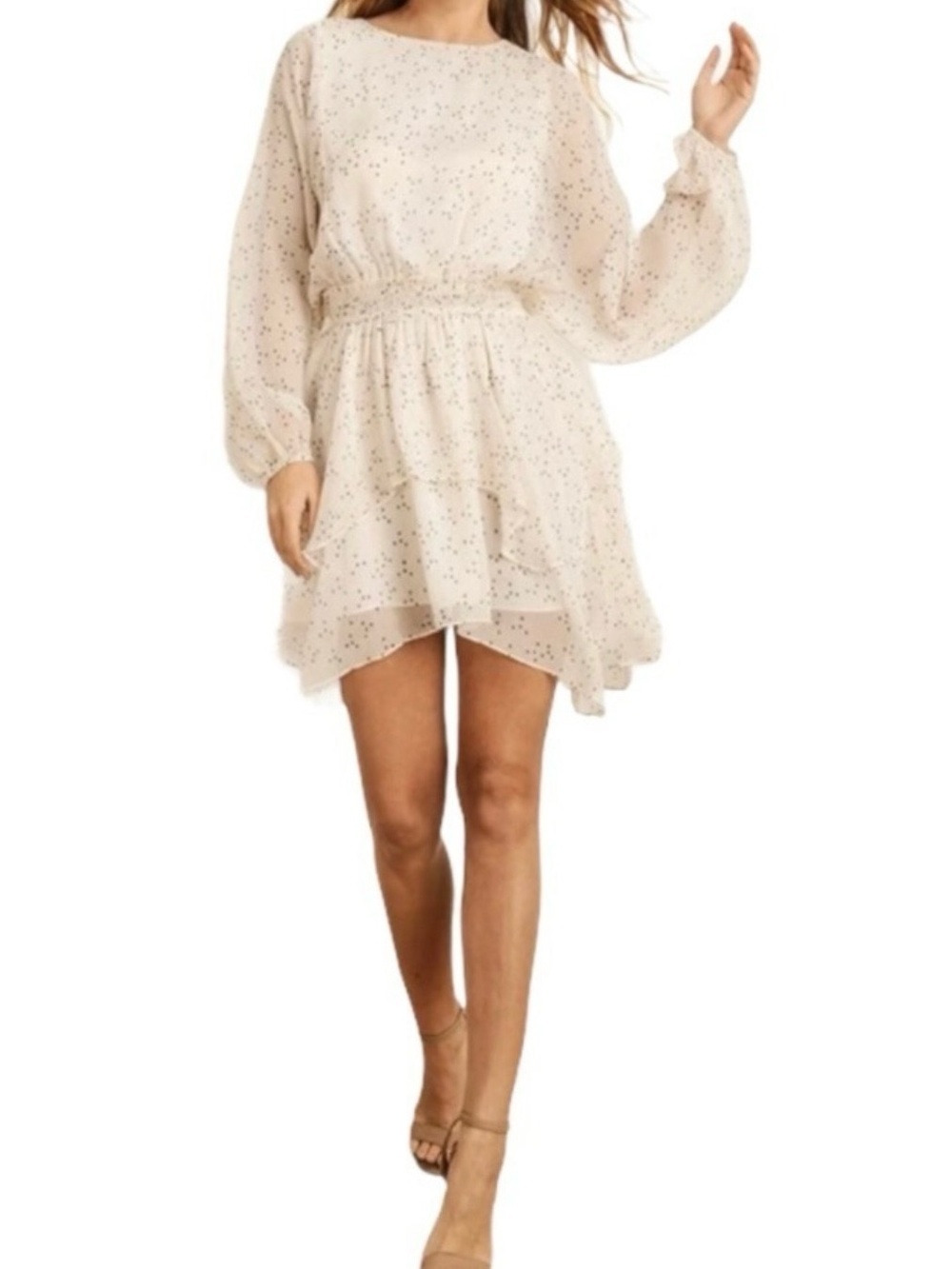 Storia Cream Whimsy Flowy Dress with star print and Ruffle Hem